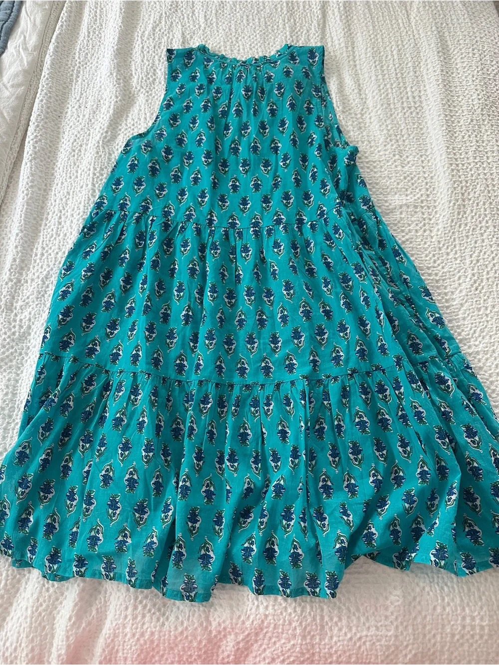 NWT J. Crew women’s Teal Patterned Tiered Summer Dress with tassels